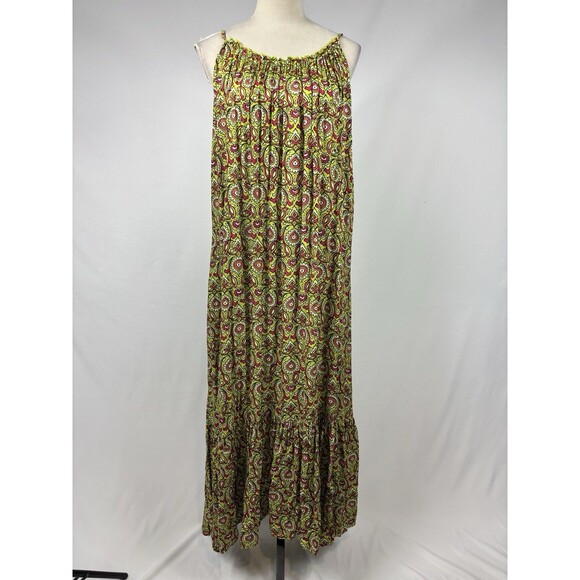 By Anthropologie Maxi Dress Citron Green Pink Floral Paisley Print Large - Picture 10 of 10